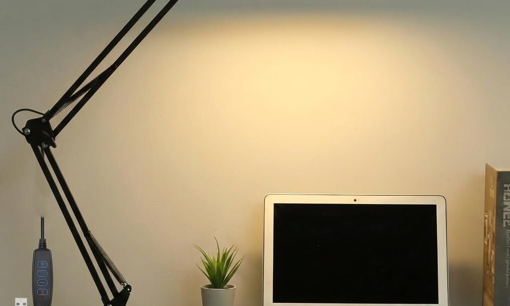 NYRWANA LED Study Lamp – Adjustable Arm Desk Light with Clamp, 3 Color Modes & 10-Level Dimmer, Flicker-Free Eye Care Lighting for Students, Home & Office (Black)