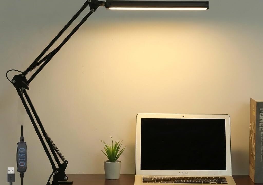 NYRWANA LED Study Lamp – Adjustable Arm Desk Light with Clamp, 3 Color Modes & 10-Level Dimmer, Flicker-Free Eye Care Lighting for Students, Home & Office (Black)