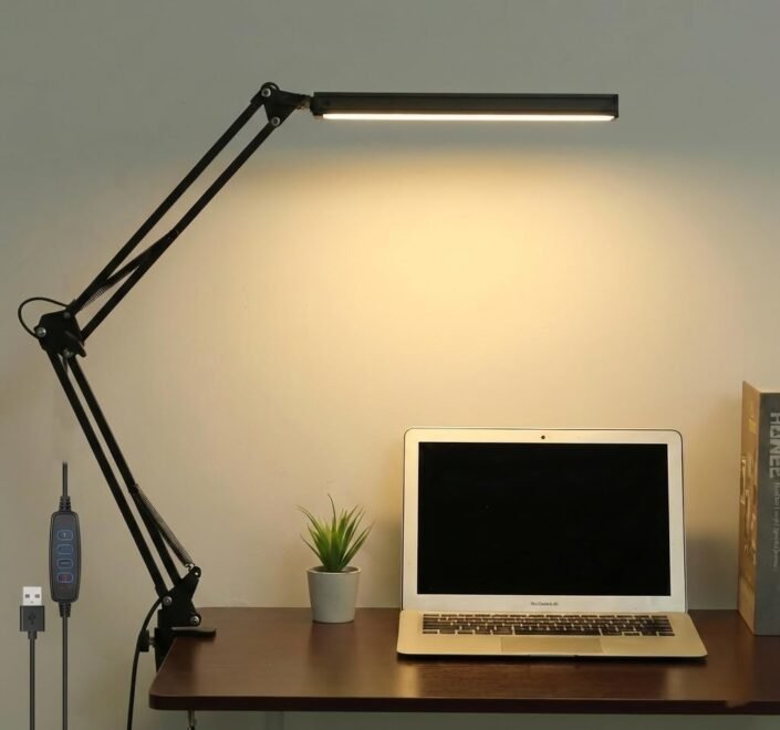 NYRWANA LED Study Lamp – Adjustable Arm Desk Light with Clamp, 3 Color Modes & 10-Level Dimmer, Flicker-Free Eye Care Lighting for Students, Home & Office (Black)